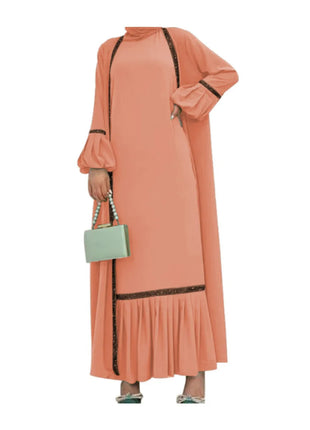 Muslim Women Hijab Dress 2 Piece Set Eid Lantern Sleeve Maxi Long Dress Islamic Clothing Caftan Kimono Big Swing Abaya Dresses