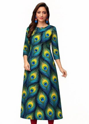 Dress Kurtta Women Fashionable Straight Tube Casual Bright Slit hem Peacock Patterns Robe Arabe Robe Traditionnelle Arabe Muslim