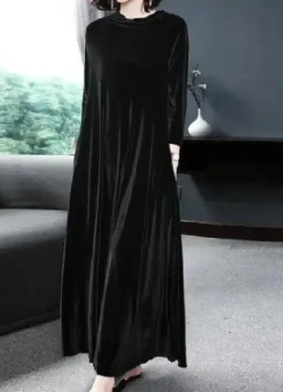 Elegant Long Sleeve Velvet Dress Autumn Spring New Style Puffy Collar Slimming Tummy Covering Mid-Length Gown Princess Sleeve