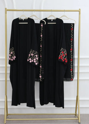 Luxury Embroidered Sleeve Cardigan for Muslim Women Ramadan Modest Abaya Dress with Hijab Elegant Islamic Party Turkish Outfit