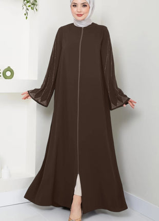 Muslim Fashion Women's Hot Diamond Long Sleeve Loose Coffee Style Elegant Dress
