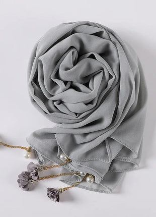 Fashion Flowers Pearl Tassel Chiffon Long Scarf Hijabs Elegant Womens Party Turban Headwear Solid Color Headscarf Shawls Scarves