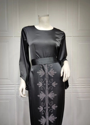 Elegant Satin Evening Gown Muslim Dress Women Abaya Long Sleeve Turkish Dresses Stylish Diamond Women Maxi Dress Dubai Kaftan