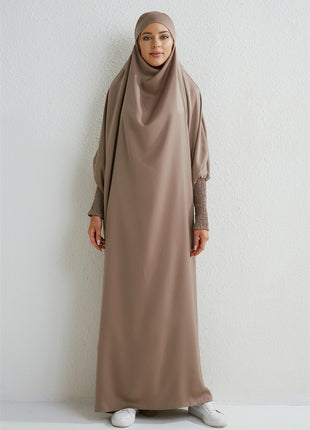 Muslim Abaya Hooded Smocking Sleeve One-piece Prayer Dress Women Jilbab Islamic Clothing Dubai Saudi Black Robe Turkish Modesty