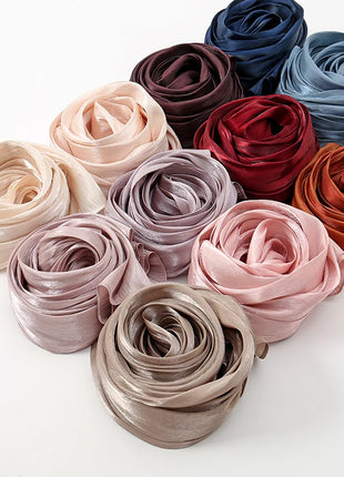 Newest Plain Shimmer Hijab Silk Wrinkle Scarf Muslim Woman Hijab Shawls Islam Woman Long Wraps Femme Headband Pure Turban