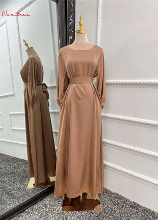 Fashion Sliky Djellaba Muslim Dress Dubai Full Length Flare Sleeved Soft Abaya Dubai Turkey Muslim Islam Robe WY921