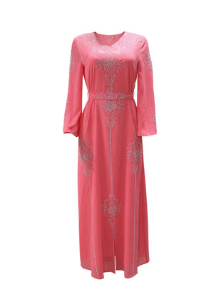 Women's Long Sleeve Polyester Abaya — Diamond Detail V-Neck Dress