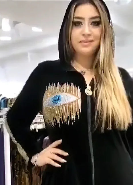 Long Sleeved Hooded Muslim Dress Velvet Diamond Clothing for Women Dubai Abayas Casual Korean Style Kaftan Evening Dress Abayas