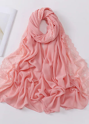Women Hijabs Muslim Scarf Summer New Pearl Chiffon Lace Solid Color Lady Head Scarf Malaysia Tourism Shawl Turban Wrap Wholesale
