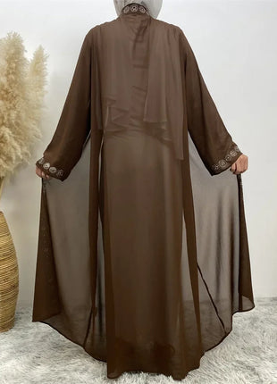 Diamond for Muslim Women Chiffon Open Cardigan Abaya Kimono Maxi Dress Turkey Dubai Arab Kaftan Eid Party Morocco Gowns Jalabiya