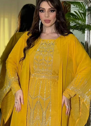 Eid Muslim Party Dress for Women Fake 2 Piece Diamond Ramadan Abaya Belt Flare Sleeve Kaftan Vestidos Largos Dubai Robe Jalabiya