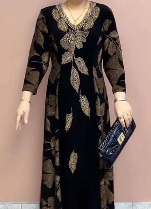 Female Clothing Elegant V-Neck Dresses Autumn Winter Casual A-Line Waist Vintage Printing Commute Fashion Diamonds Long Dress