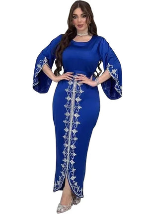 Elegant Satin Evening Gown Muslim Dress Women Abaya Long Sleeve Turkish Dresses Stylish Diamond Women Maxi Dress Dubai Kaftan