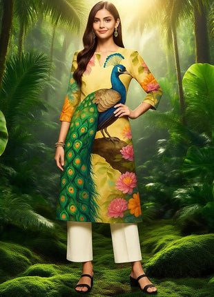 Muslim Women's Kurt Fashionable And Elegant Long Sleeved Straight Tube Casual Kurtta Peacock Pattern Kaftan Marroqui Mujer