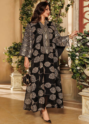 Muslim Women's Black Islamic Embroidered Abaya with Gold Detailing Ideal for Formal Occasions in Middle East like UAE and Saudi