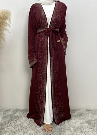 Hot Selling Ramadan Rhinestone Cardigan Islamic Dresses With Pockets Kebaya Muslim Kimono Abaya Dubai Modest Clothing Women EID