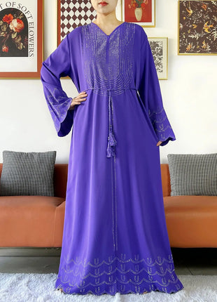 New 2025 Dubai Diamonds Muslim Women Modest Dress Elegant Arabic Femme Hijab Long Sleeve Chiffon Abaya Islamic Turkey Clothing