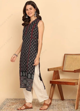 Indian Ethnic Style Women's Black Green Cotton Kurta Tunic Top Sleeveless Paisley Print Summer Wear Casual Kurti Dress