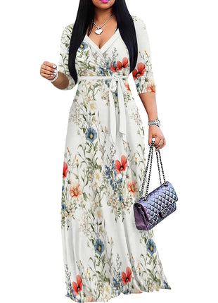 Floral V-Neck Wrap Dress - Tie Waist Flowy Midi Dress, Boho Summer Dress for Women