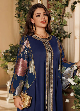 Siskakia Ramadan Muslim Women's Gold Stamping Petal Sleeve Abaya O-Neck Stripe Dubai Dresses For Women Gala