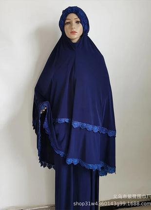 Ramadan  Long Khimar Muslim Abaya Women Prayer Garment Saudi Prayer Dress Lace Trim Silky 2 Piece Skirt Sets Eid Niqab jilbab