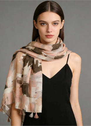 1Pc spring and autumn retro oil painting style ink smudge camouflage printing spring and summer wear scarf literary tassel shawl