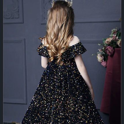 Girl's Western Style Evening Dress Flower Girl Sequined Catwalk Host Piano Performance Princess Dress