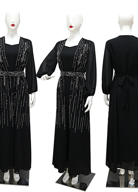 Women Long Loose Maxi Dress Muslim Dubai Women's Clothing Hot Diamond Belt Robe Dinner Dress