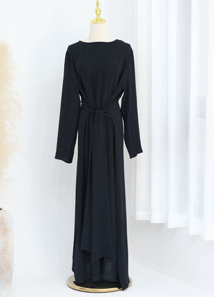 2025 Fashion Dubai Solid Belt Long Dresses For Muslim Woman Elegant Casual Marocain Islam Saudi Plain Caftan Turkish Clothing