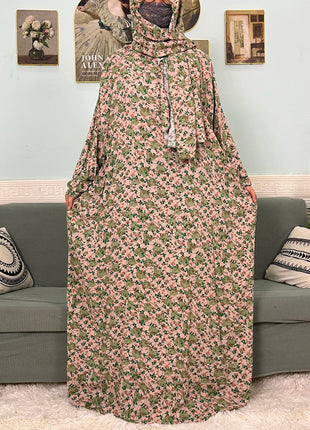 Muslim Cotton Abayas For Women Traditional Floral Ramadan Prayer Garment African Caftan Marocain Femme Robe Connected Headscarf
