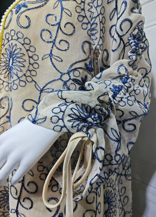 Charming Light Blue Two Piece Abaya Set Gold Patterned Outer Robe Belted Mint Inner Dress for Islamic Ramadan in the MIddle East