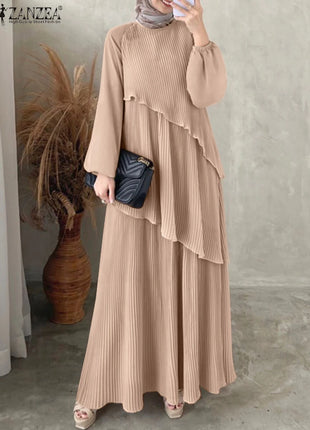 ZANZEA Patchwork Lantern Sleeve Abaya Robes Women Plisse Layered Elegant Maxi Dress Muslim Fashion Islamic Hijab Pleated Dress