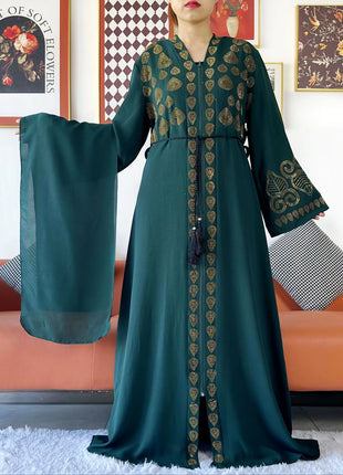 2024 Women Party Dress Chiffon Open Abaya Golden Stones Muslim Women Dress Islamic Clothing Cardigan Abaya Women Muslim Dress