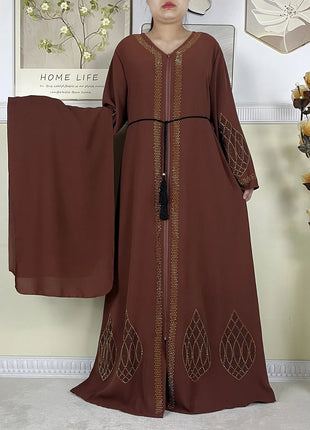 New Dubai Women Elegant Dress Diamonds Chiffon Open Abaya with Zipper Islamic Turkey Clothing Women Muslim Party Evening Dress