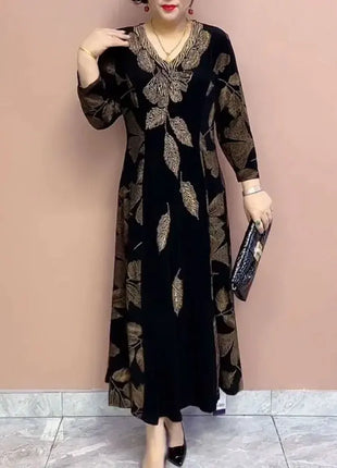 Female Clothing Elegant V-Neck Dresses Autumn Winter Casual A-Line Waist Vintage Printing Commute Fashion Diamonds Long Dress