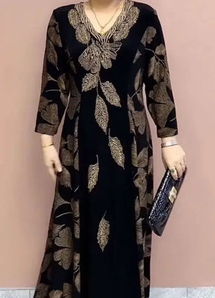 Female Clothing Elegant V-Neck Dresses Autumn Winter Casual A-Line Waist Vintage Printing Commute Fashion Diamonds Long Dress