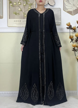 2024 Muslim Abaya For Women Long Sleeved Chiffon Diamonds Loose Fit Femme Robe Islam Maxi Dubai Fashion Party Dresses With Scarf