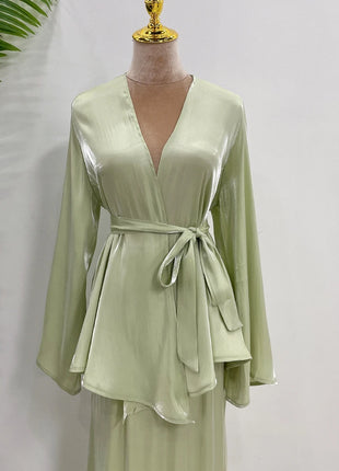 Ramadan Satin Abaya Dubai Turkey Islam Muslim Modest Dress Sets Prayer Clothes For Women Kaftan Robe Femme Musulmane