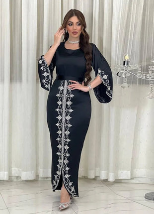 Elegant Satin Evening Gown Muslim Dress Women Abaya Long Sleeve Turkish Dresses Stylish Diamond Women Maxi Dress Dubai Kaftan