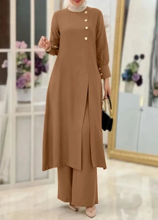 Ramadan Women Eid Muslim Two Pieces Set Split Blouse & Pant Musulman Ensemble Button Shirt Pants Matching Sets Femme Abaya 2024