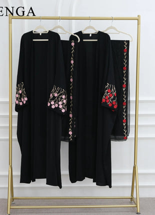 Luxury Embroidered Sleeve Cardigan for Muslim Women Ramadan Modest Abaya Dress with Hijab Elegant Islamic Party Turkish Outfit