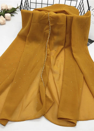 High Quality Rhinestone Chain Pearl Chiffon Long Scarf Hijabs Elegant Dubai Muslim Womens Party Wrapped Turban Shawls Headwear