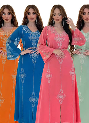 Women's Long Sleeve Polyester Abaya — Diamond Detail V-Neck Dress