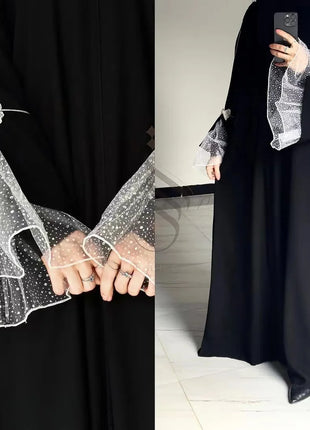 Summer Black Abaya for Muslim Women Elegant Dubai Modest Dress with Lace Sleeves Islamic Vacation Outfit 2025 Turkey Kaftan Robe