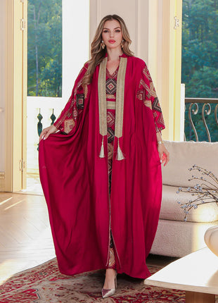 Eid Muslim 2 Piece Set Women Embroidery Dresses Open Abaya Suit Jalabiya Ramadan Dubai Kaftan Party Vestidos Cardigan Robe 2025