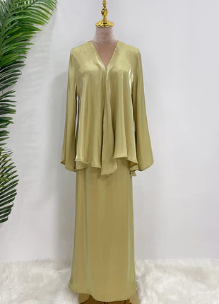 Ramadan Satin Abaya Dubai Turkey Islam Muslim Modest Dress Sets Prayer Clothes For Women Kaftan Robe Femme Musulmane
