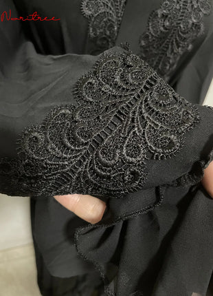 Fashion Lace Stitching Muslim Abaya Dubai Full Length Flare Sleeve Lace Abaya Dubai Turkey Muslim Islam Robe With Belt WY1391
