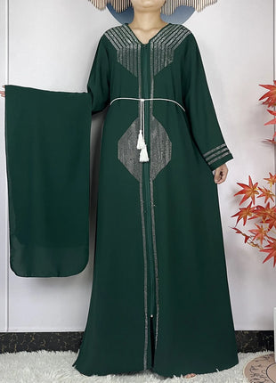 2024 Muslim Abaya For Women Long Sleeved Chiffon Diamonds Loose Fit Femme Robe Islam Maxi Dubai Fashion Party Dresses With Scarf