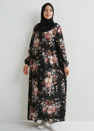 Muslim Dresses Women Maxi Dresses Mujer Vestidoes Female Loose Dresses Full Sleeve Printed Floral Casual Robe Long Dress