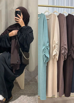 Eid Islamic Modest Dress for Women Abaya Lace-up Sleeve Morocco Casual Ramadan Vestidos Prayer Kaftan Dubai Muslim Long Robe